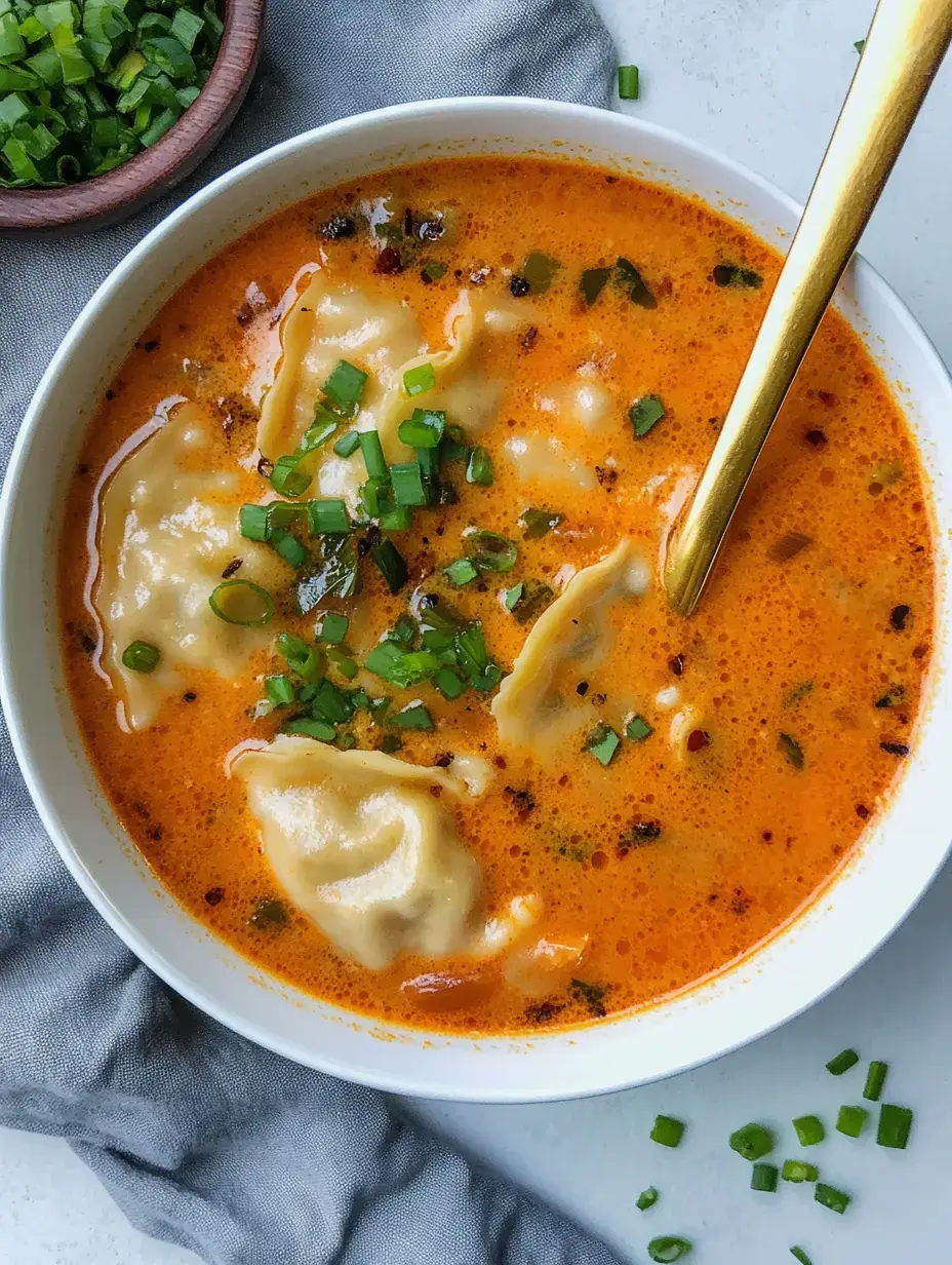Un bol de soupe orange crémeuse avec des raviolis et de la ciboulette hachée, accompagné d'un supplément de ciboulette hachée.