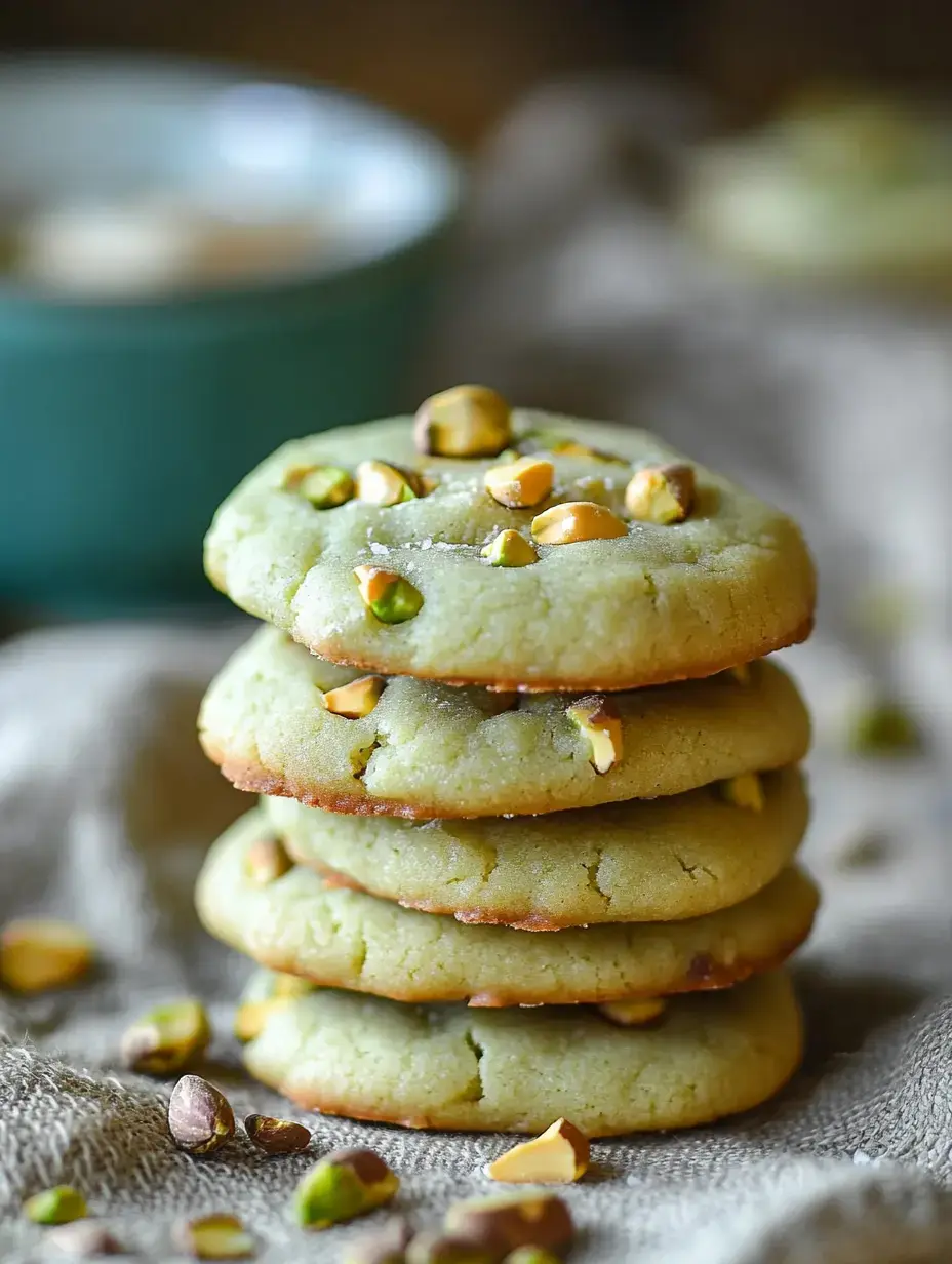 Une pile de cookies verts à la pistache garnis de pistaches hachées posée sur une surface texturée, avec des éléments flous en arrière-plan.