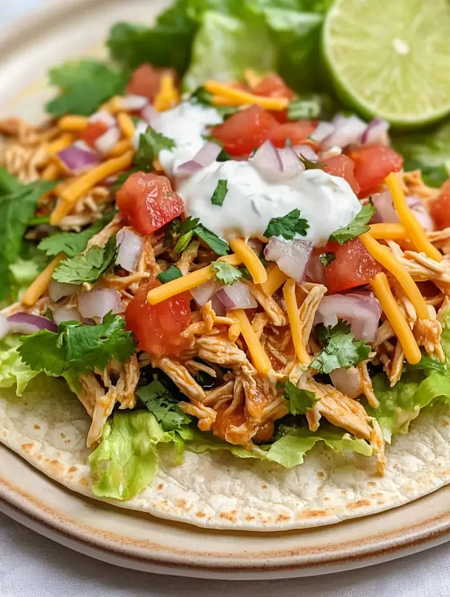 Un gros plan d'un taco rempli de poulet effiloché, laitue, tomates en dés, oignons rouges, fromage râpé, coriandre, crème fraîche et un quartier de citron vert.