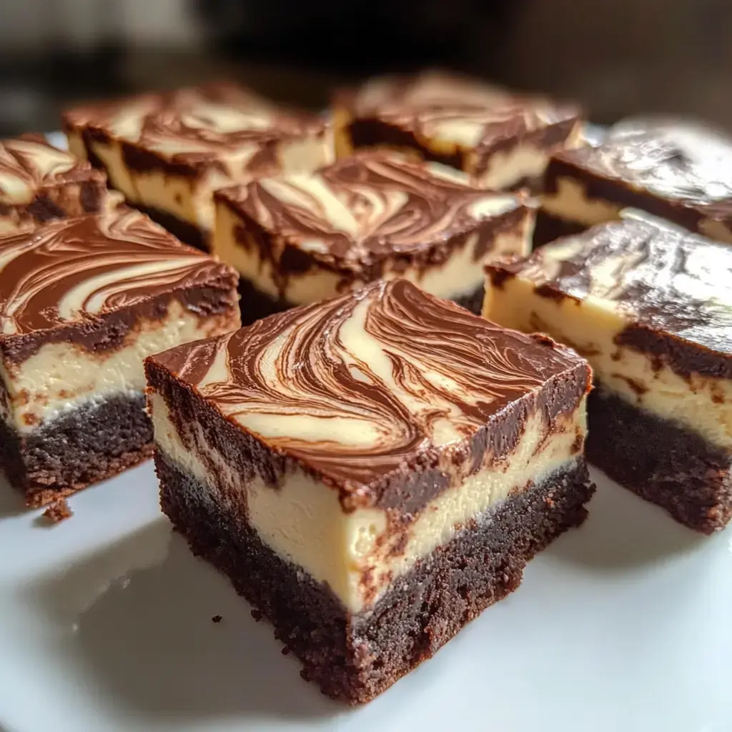 Un gros plan de plusieurs brownies au cheesecake au chocolat rectangulaires avec un glaçage marbré au chocolat sur une assiette blanche.