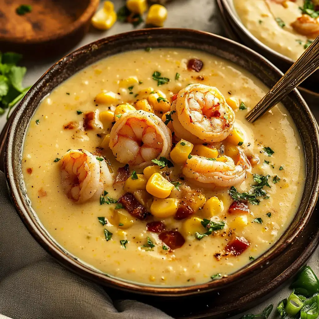 Un bol de velouté crémeux aux crevettes et maïs garni de persil, avec des crevettes tendres, du maïs jaune et des morceaux de lardons.