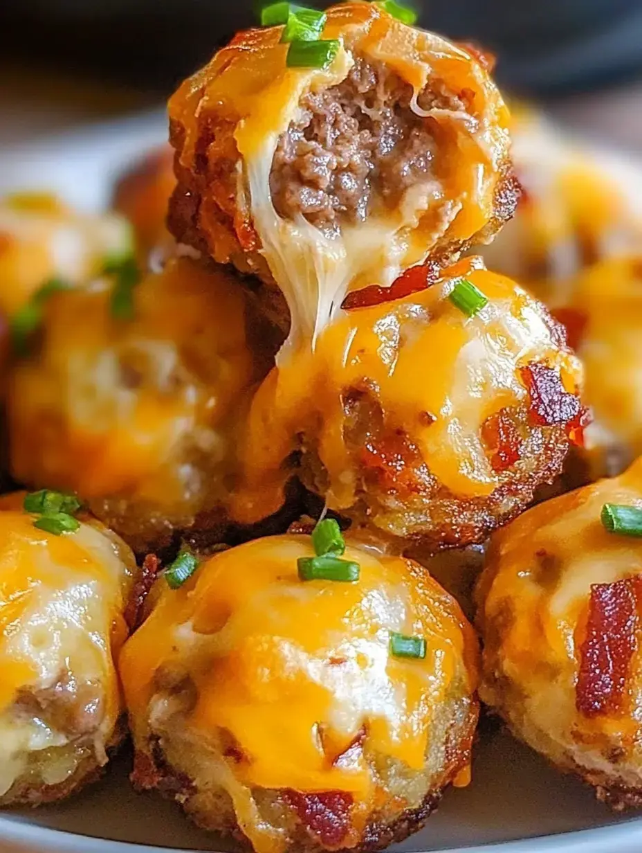 Un gros plan de boulettes de viande au fromage avec du fromage fondu et des oignons verts, une boulette coupée en deux pour révéler sa savoureuse garniture de viande.