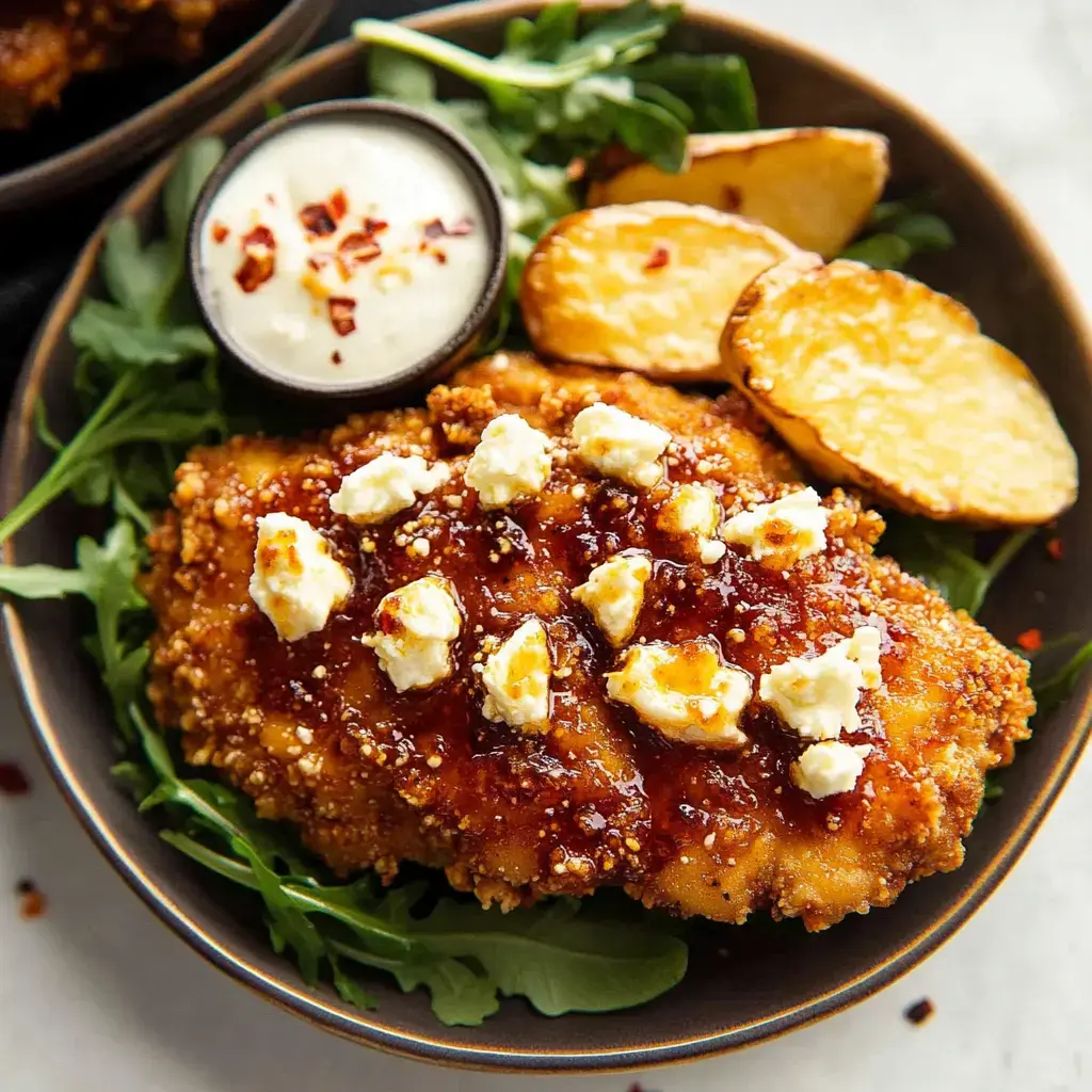 Une assiette de poulet frit croustillant garni de sauce et de fromage émietté, accompagné de quartiers de pommes de terre et d'un petit bol de sauce à tremper sur un lit de roquette.
