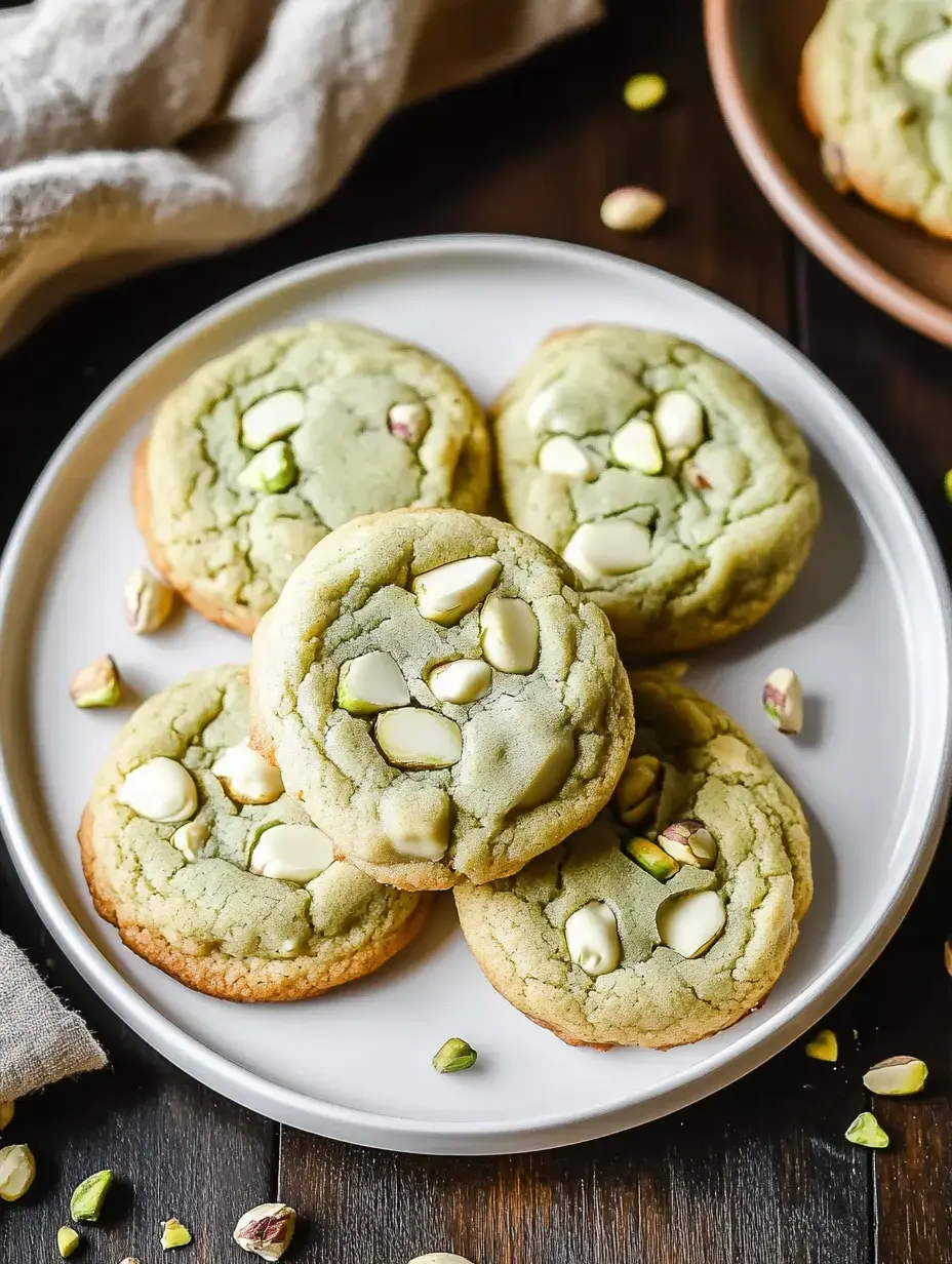 Une assiette de cookies verts à la pistache garnis de pépites de chocolat blanc et entourés de morceaux de pistaches éparpillés.
