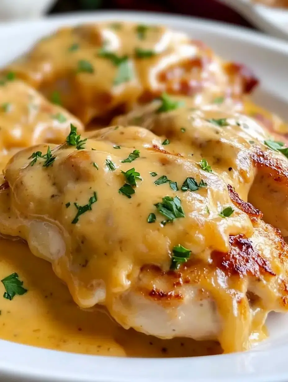 Un gros plan de blancs de poulet grillés recouverts de sauce au fromage crémeuse et garnis de persil haché.