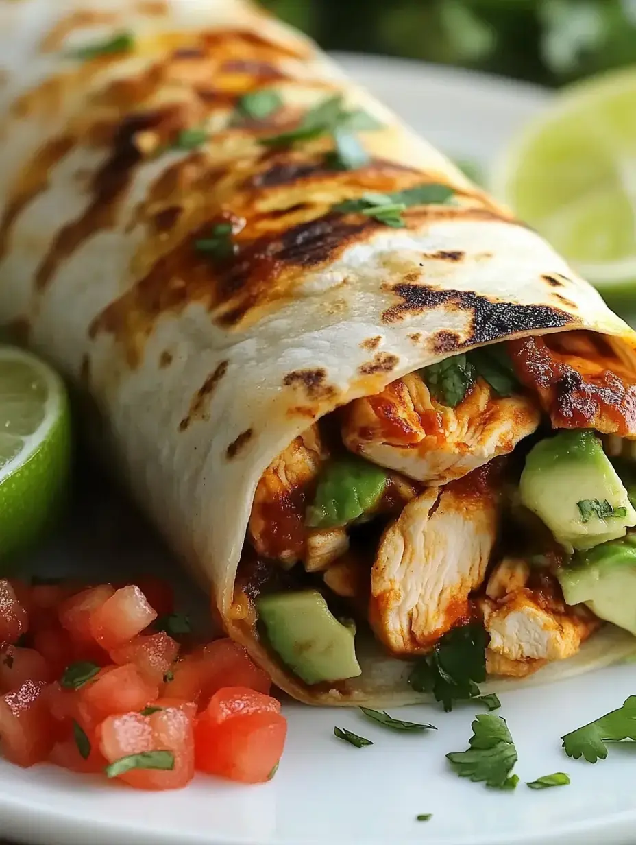 Un gros plan d'un burrito de poulet grillé garni d'avocat et de coriandre, servi avec des quartiers de citron vert et des tomates en dés.