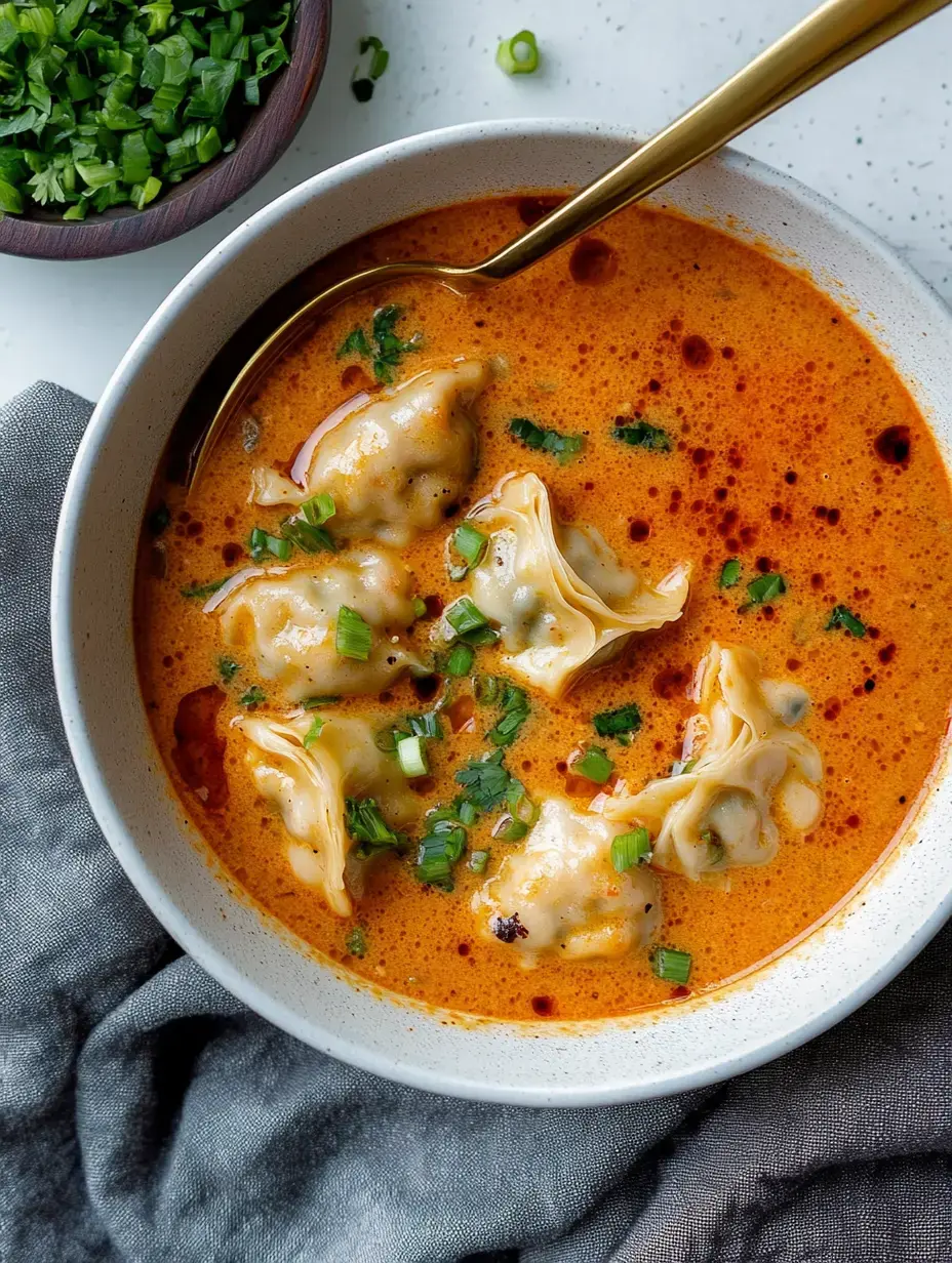 Un bol de soupe crémeuse avec des raviolis garni de ciboulette hachée, servi avec une cuillère dorée et un côté d'herbes fraîches.
