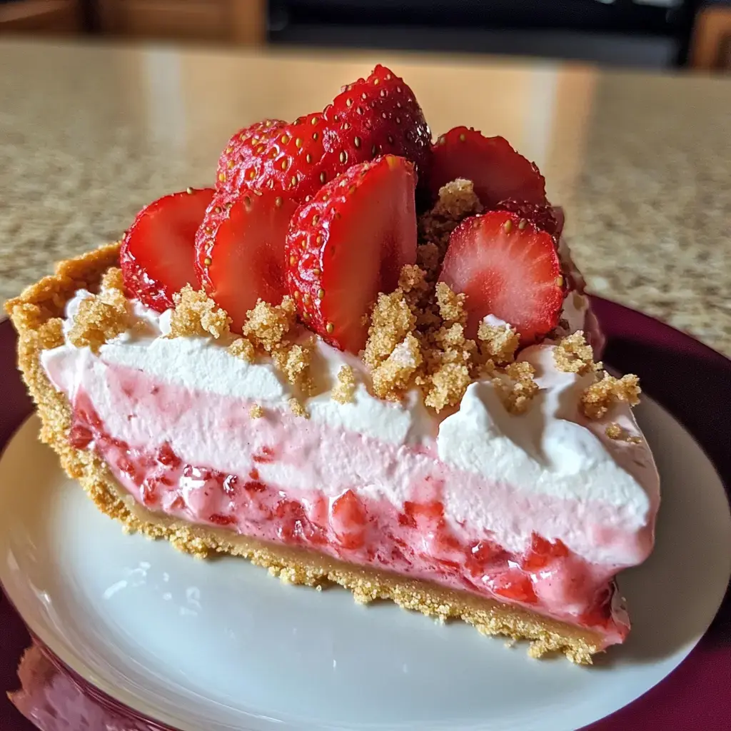 Une part de tarte aux fraises garnie de tranches de fraises fraîches et de topping émietté sur une assiette blanche.