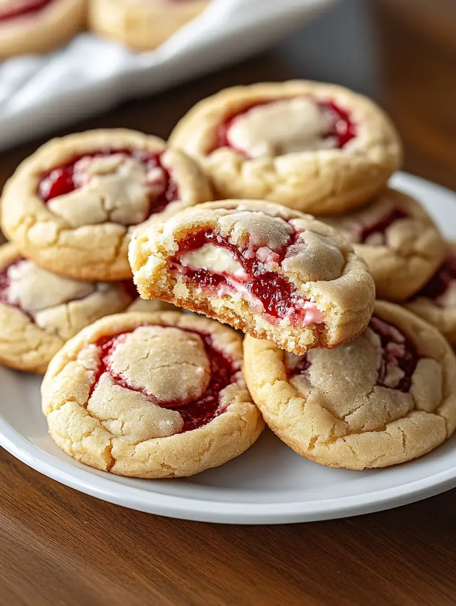 Une assiette de biscuits fraîchement cuits fourrés à la confiture de framboise et au fromage frais, avec un biscuit coupé en deux pour montrer la garniture.