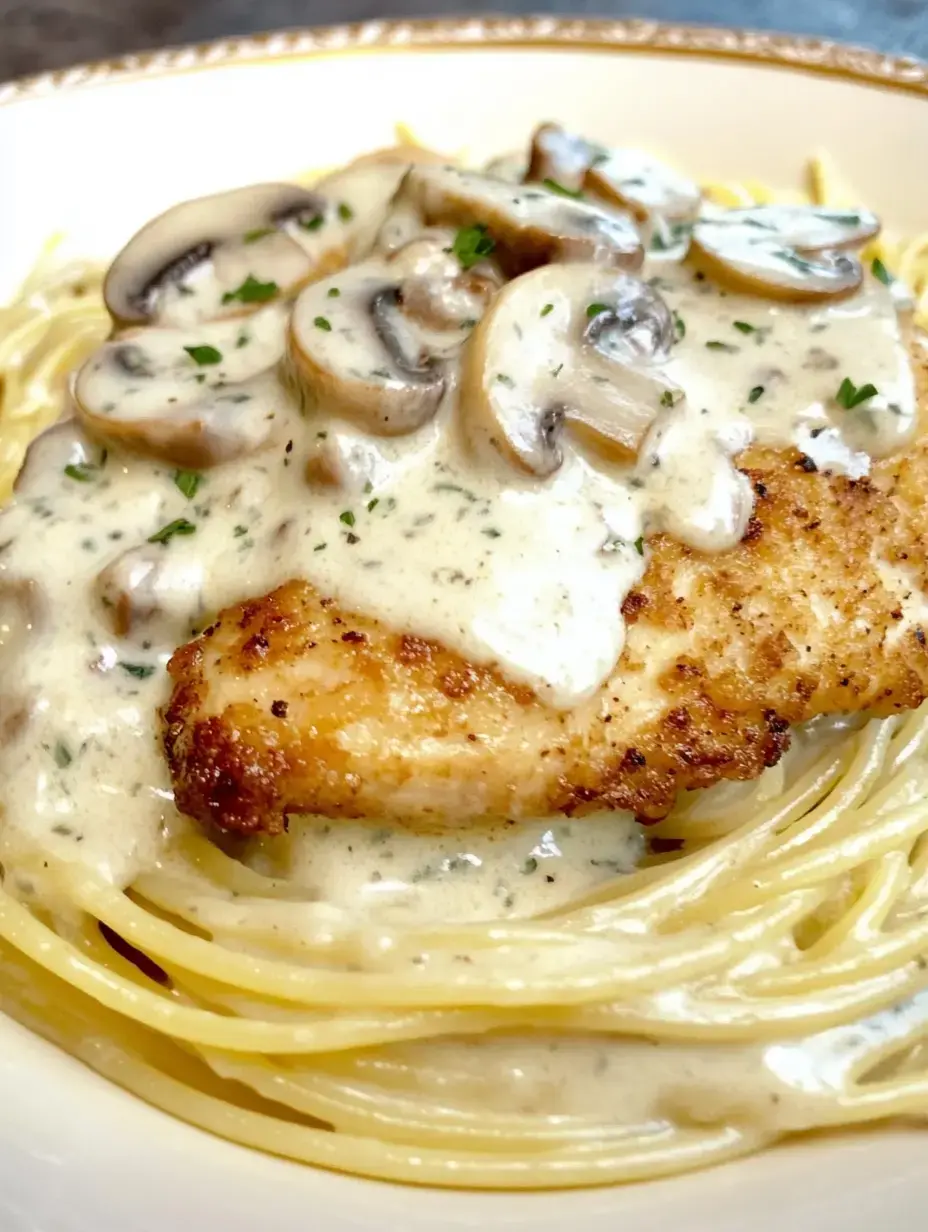 Une assiette de spaghetti garnie de poulet grillé, sauce crémeuse aux champignons et parsemée de persil.