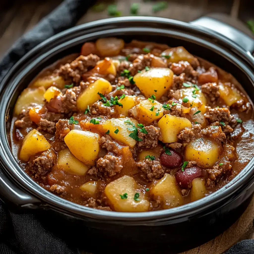 Un plat copieux de ragoût de bœuf avec pommes de terre, haricots, et garni de persil frais, servi dans un bol noir.