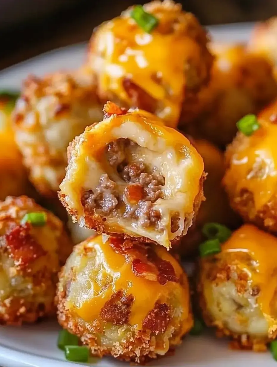 Un gros plan de boulettes de viande au fromage, garnies de fromage fondu et d'oignon vert, avec une boulette coupée pour montrer sa garniture de viande.