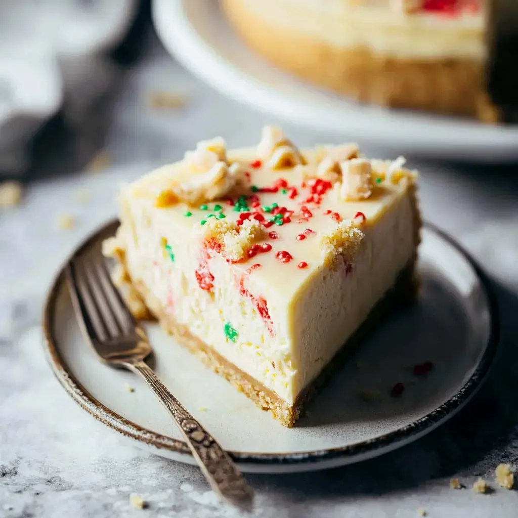 Une part de cheesecake décorée de vermicelles rouges et verts servie sur une assiette avec une fourchette.