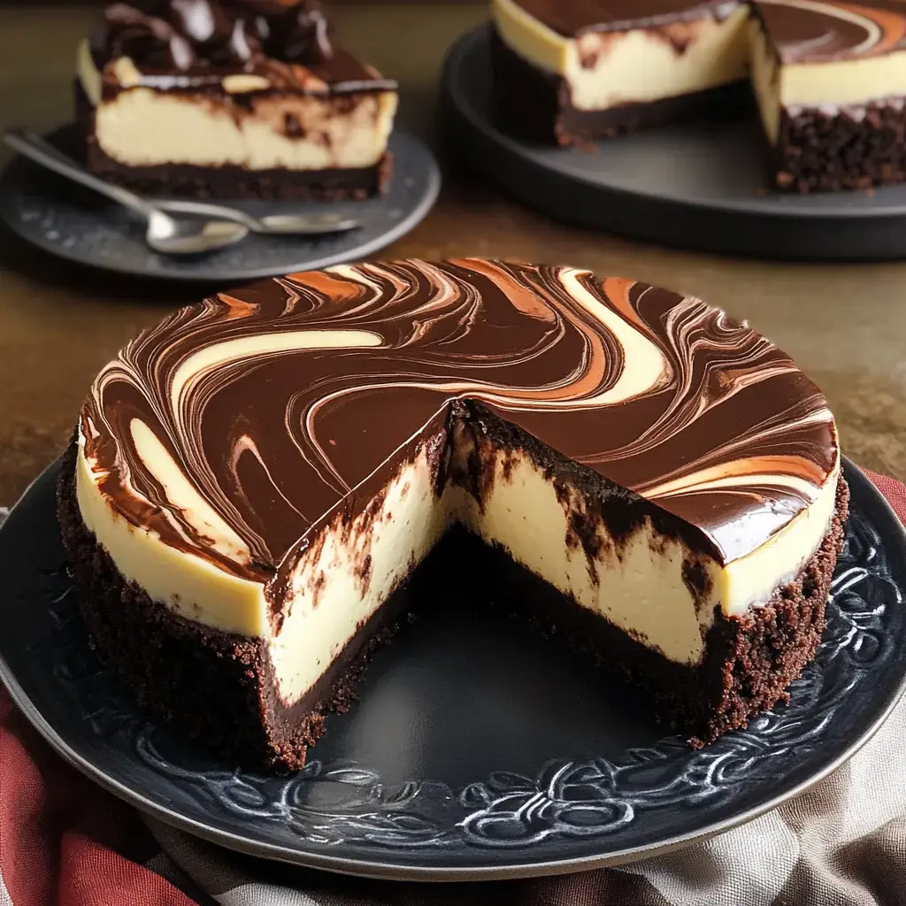 Un superbe cheesecake au chocolat multicouches avec un nappage brillant de ganache au chocolat, partiellement tranché et présenté sur une assiette décorative noire.