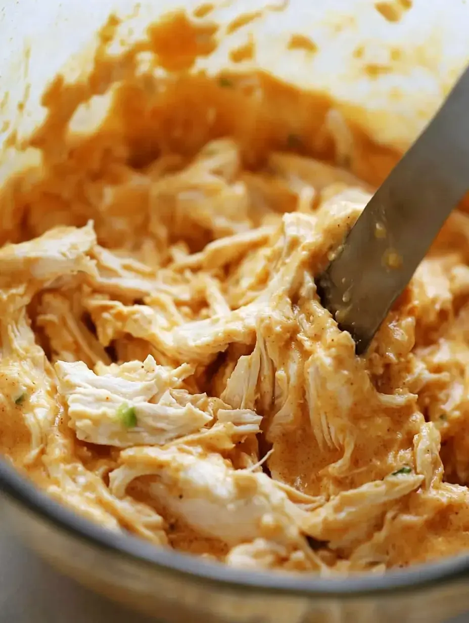 Un mélange crémeux de poulet émietté et de sauce en train d'être remué dans un bol en verre.