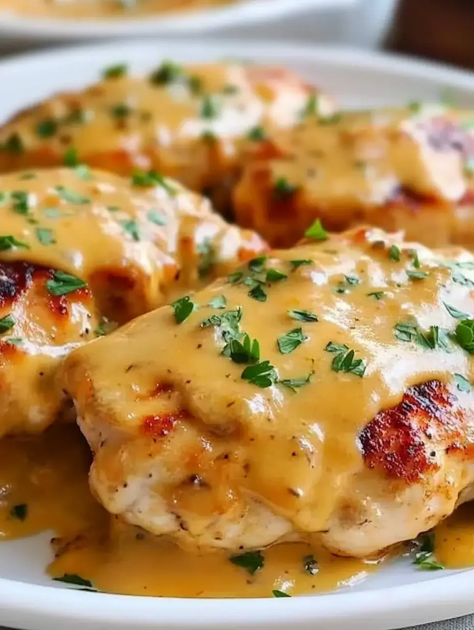 Un gros plan de blancs de poulet grillés recouverts d'une sauce crémeuse et garnis d'herbes hachées sur une assiette blanche.