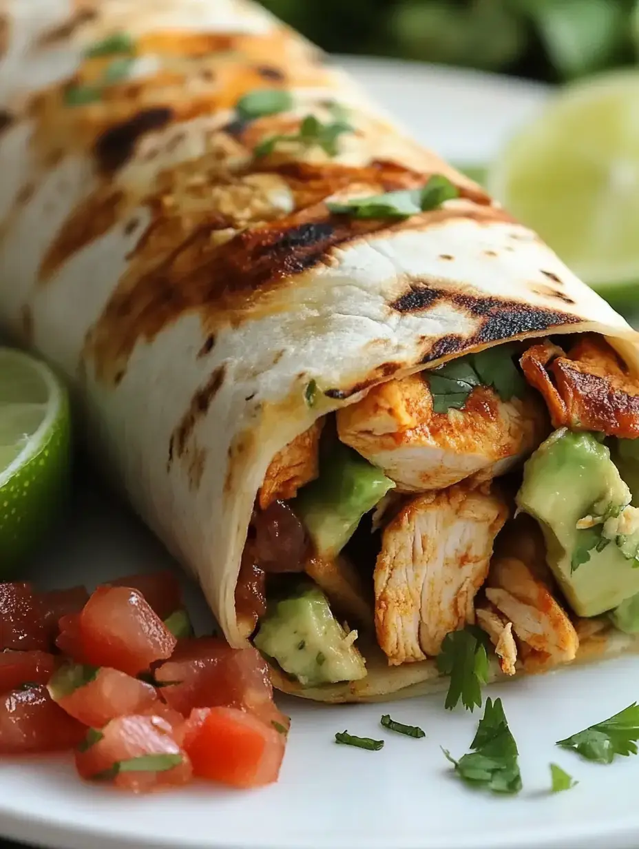 Un burrito de poulet grillé farci d'avocat et garni de coriandre fraîche, servi avec des tomates en dés et des quartiers de citron vert.