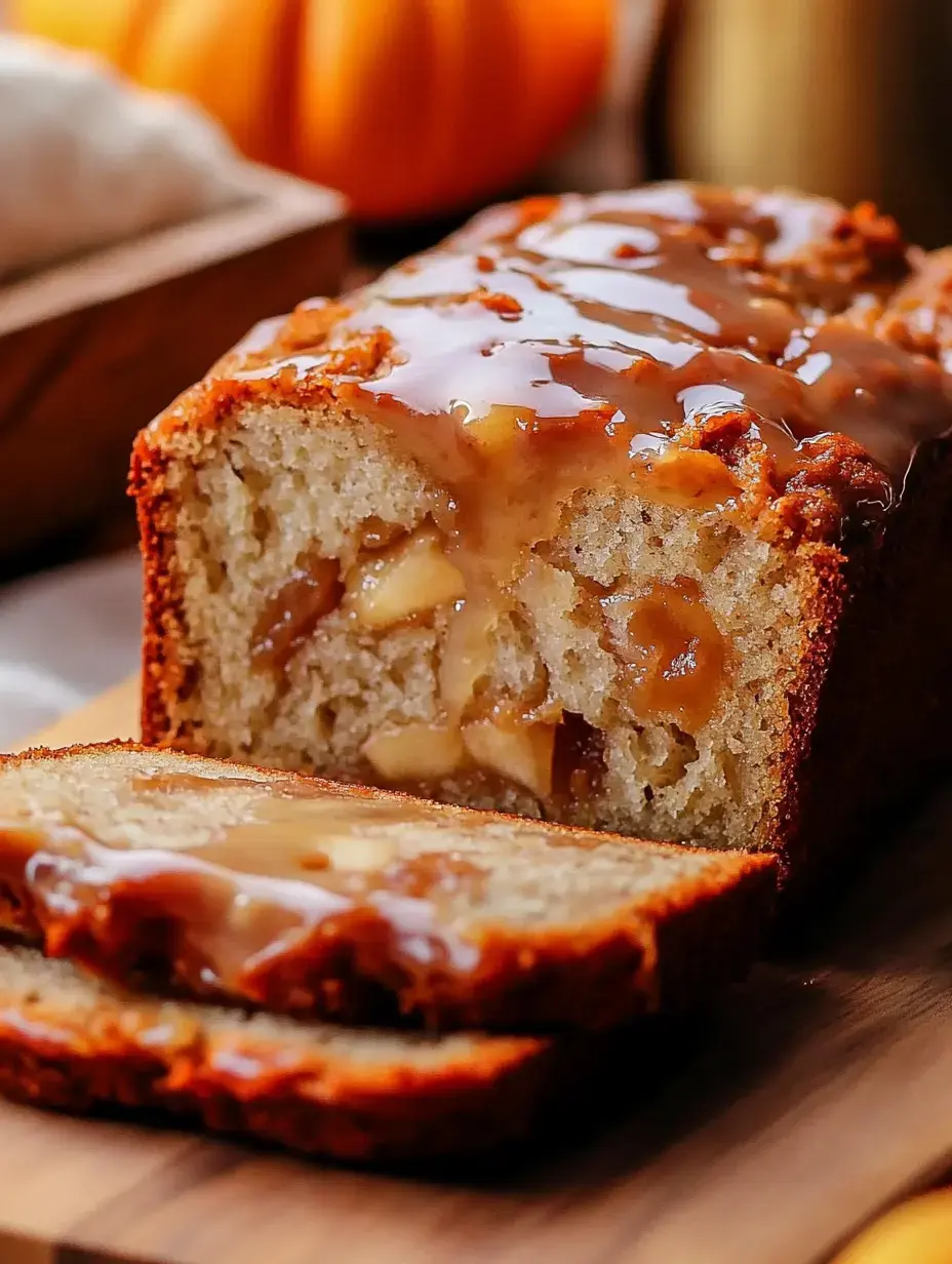 Un pain à la cannelle et aux pommes fraîchement cuit avec un glaçage caramel brillant, tranché pour révéler son intérieur moelleux rempli de morceaux de pomme.