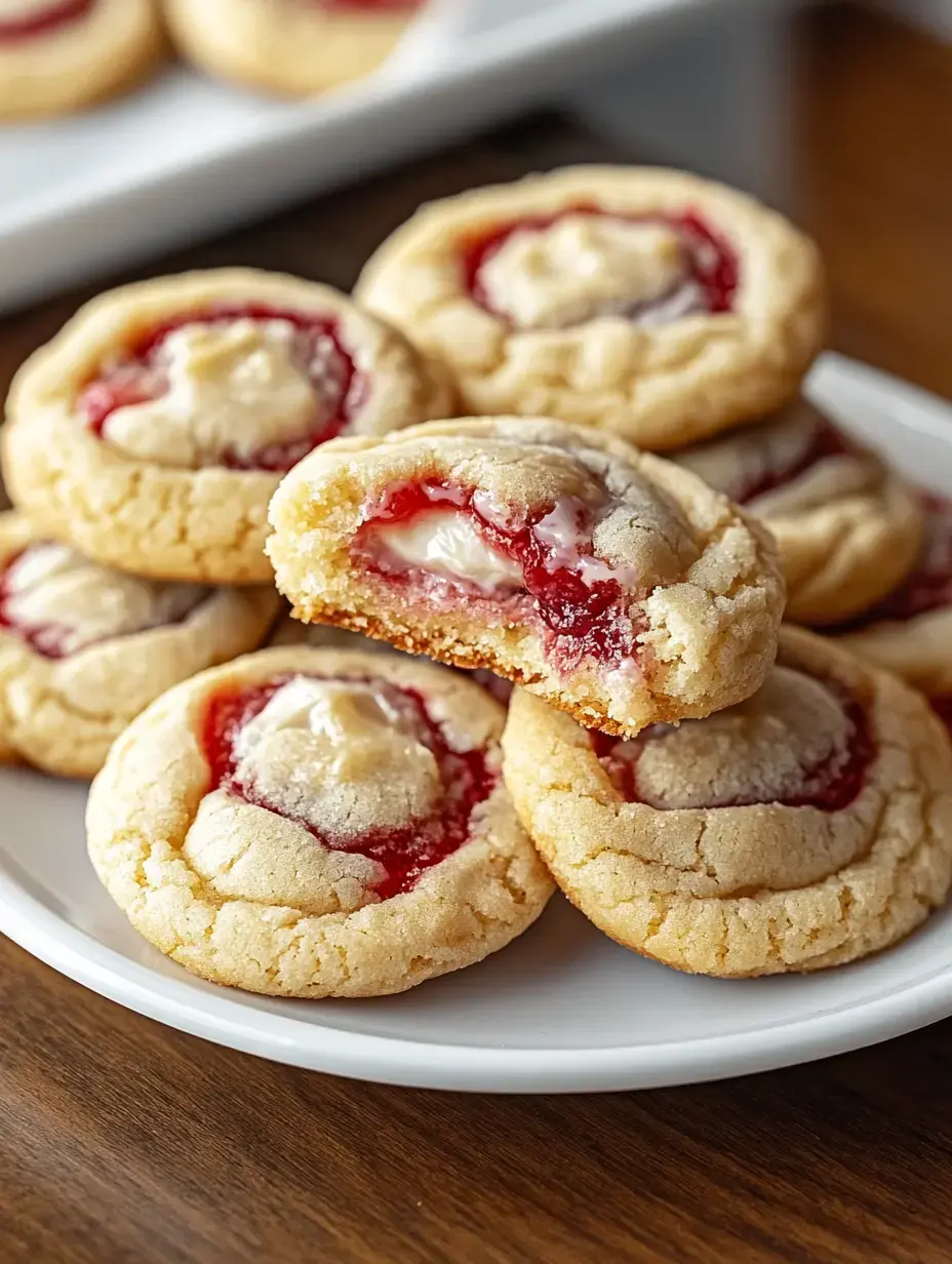 Une assiette de biscuits moelleux avec un fourrage à la cerise et un centre crémeux, un biscuit est partiellement croqué pour révéler l'intérieur.