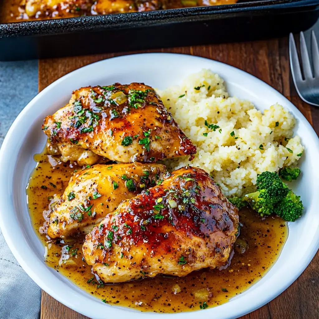 Une assiette de cuisses de poulet glacées servies avec du couscous et du brocoli.