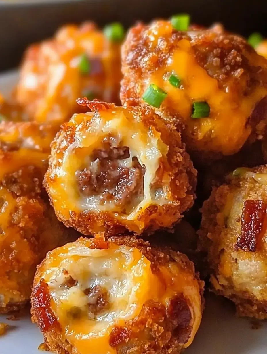 Une image en gros plan de boulettes dorées et croustillantes remplies de fromage fondu et garnies d'oignons verts.