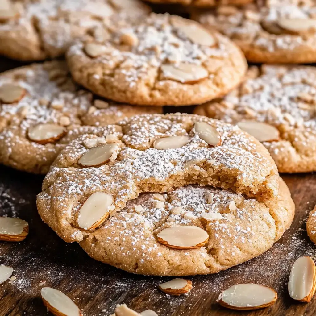 Un gros plan de biscuits aux amandes saupoudrés de sucre glace, avec un biscuit montrant une bouchée et des tranches d'amandes éparpillées autour.