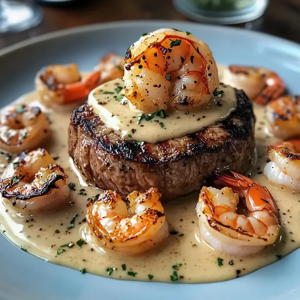 Un steak grillé garni d'une sauce aux crevettes et à la crème, entouré de crevettes sautées supplémentaires dans une assiette.