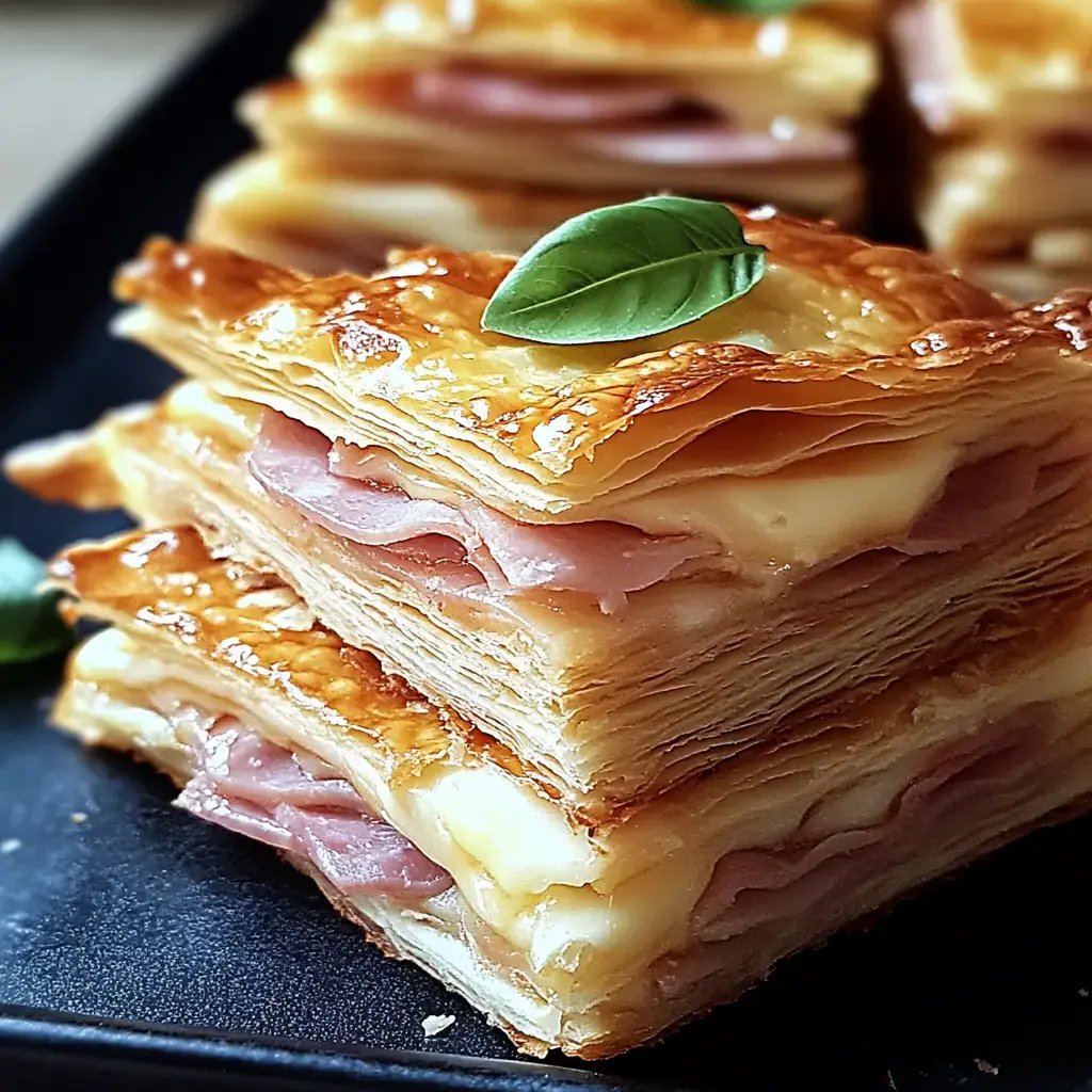 Une image en gros plan de couches superposées de pâte feuilletée remplies de jambon et fromage, garnies d'une petite feuille de basilic sur le dessus.