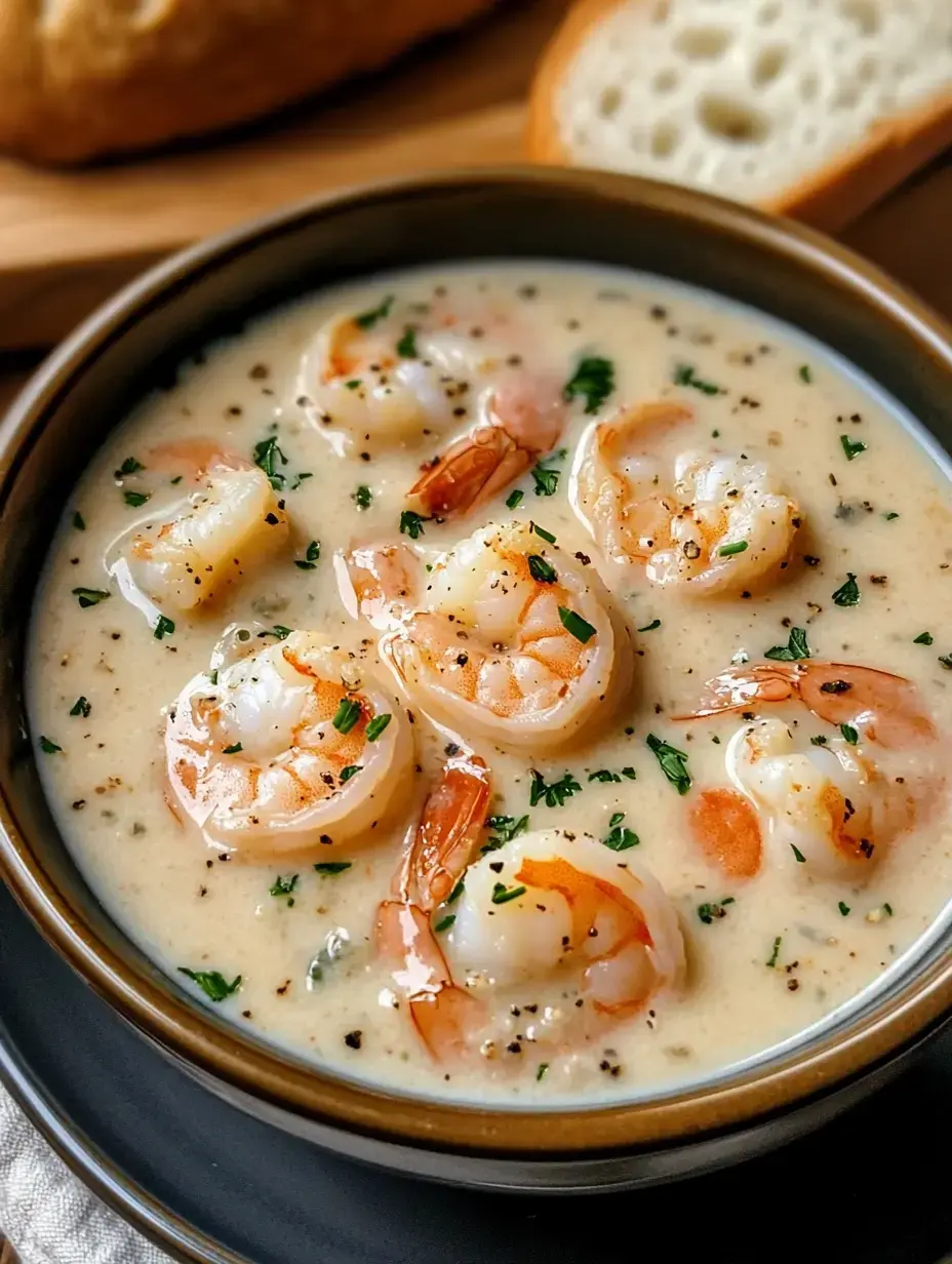 Un bol de soupe crémeuse aux crevettes garnie d'herbes, accompagné de tranches de pain en arrière-plan.