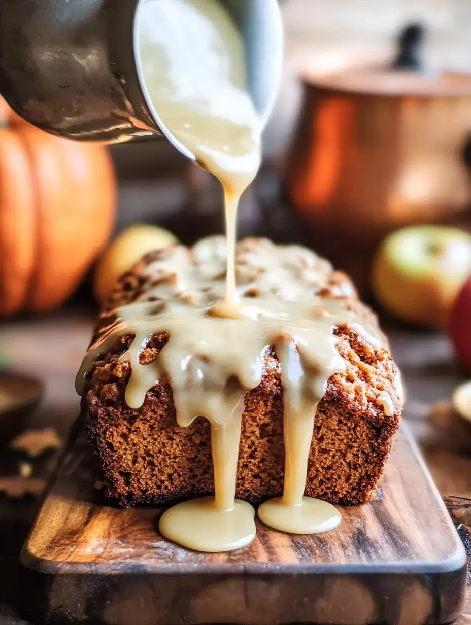 Un cake nappé d'un riche glaçage présenté sur une planche en bois, avec des décorations automnales en arrière-plan.