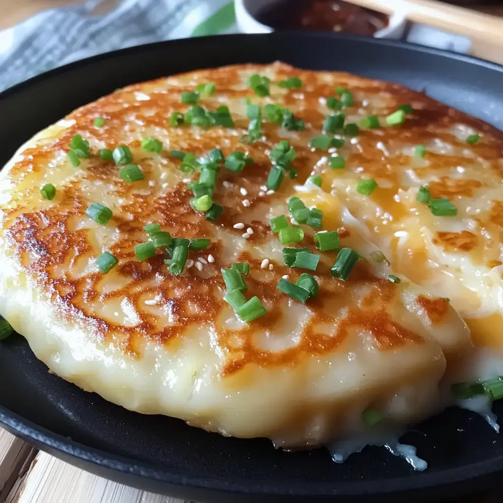 Une galette dorée et fromagère garnie d'oignons verts hachés et servie dans une poêle noire.