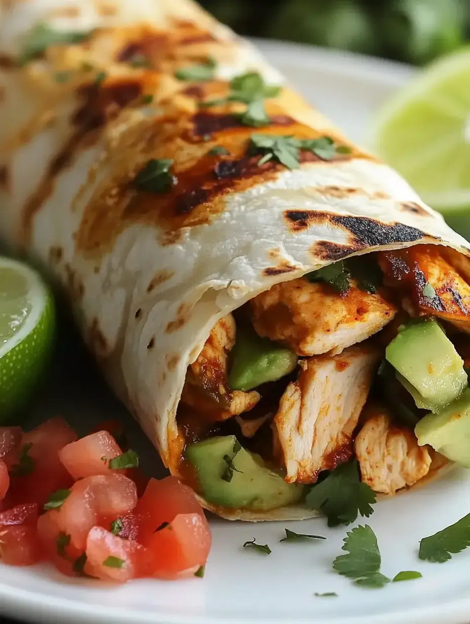 Un burrito de poulet grillé est enveloppé dans une tortilla, garni de coriandre, et servi avec des quartiers de citron vert et des tomates en dés sur le côté.