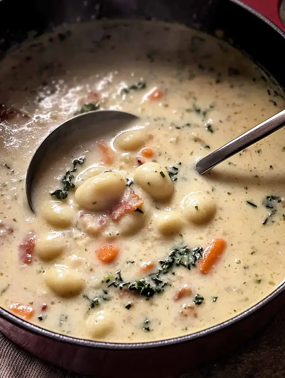 Un gros plan d'une soupe crémeuse dans une marmite, avec des gnocchis, des carottes et des herbes, et une louche à l'intérieur.