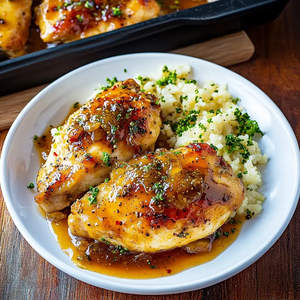 Un plat présentant deux morceaux de poulet glacé servis avec de la purée de pommes de terre et garnis d'herbes hachées.