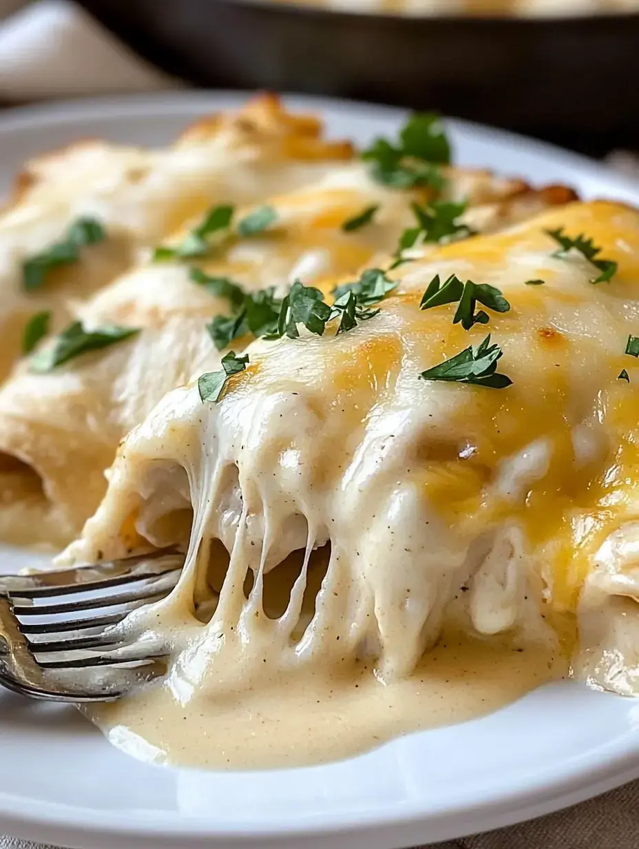 Un gros plan d'enchiladas fromagées et crémeuses garnies de persil frais sur une assiette blanche.