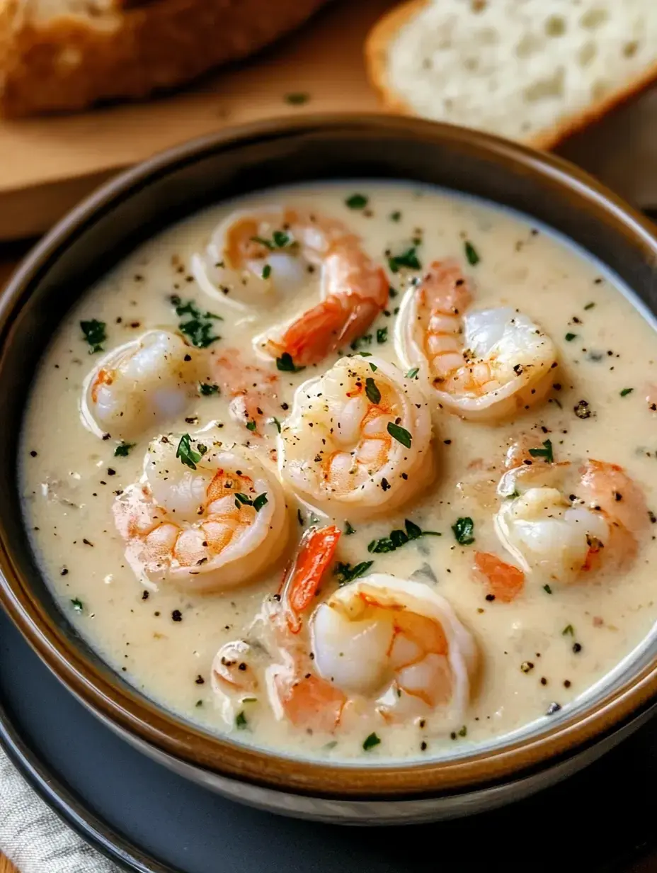 Un bol de soupe crémeuse aux crevettes garnie d'herbes, accompagné de tranches de pain en arrière-plan.