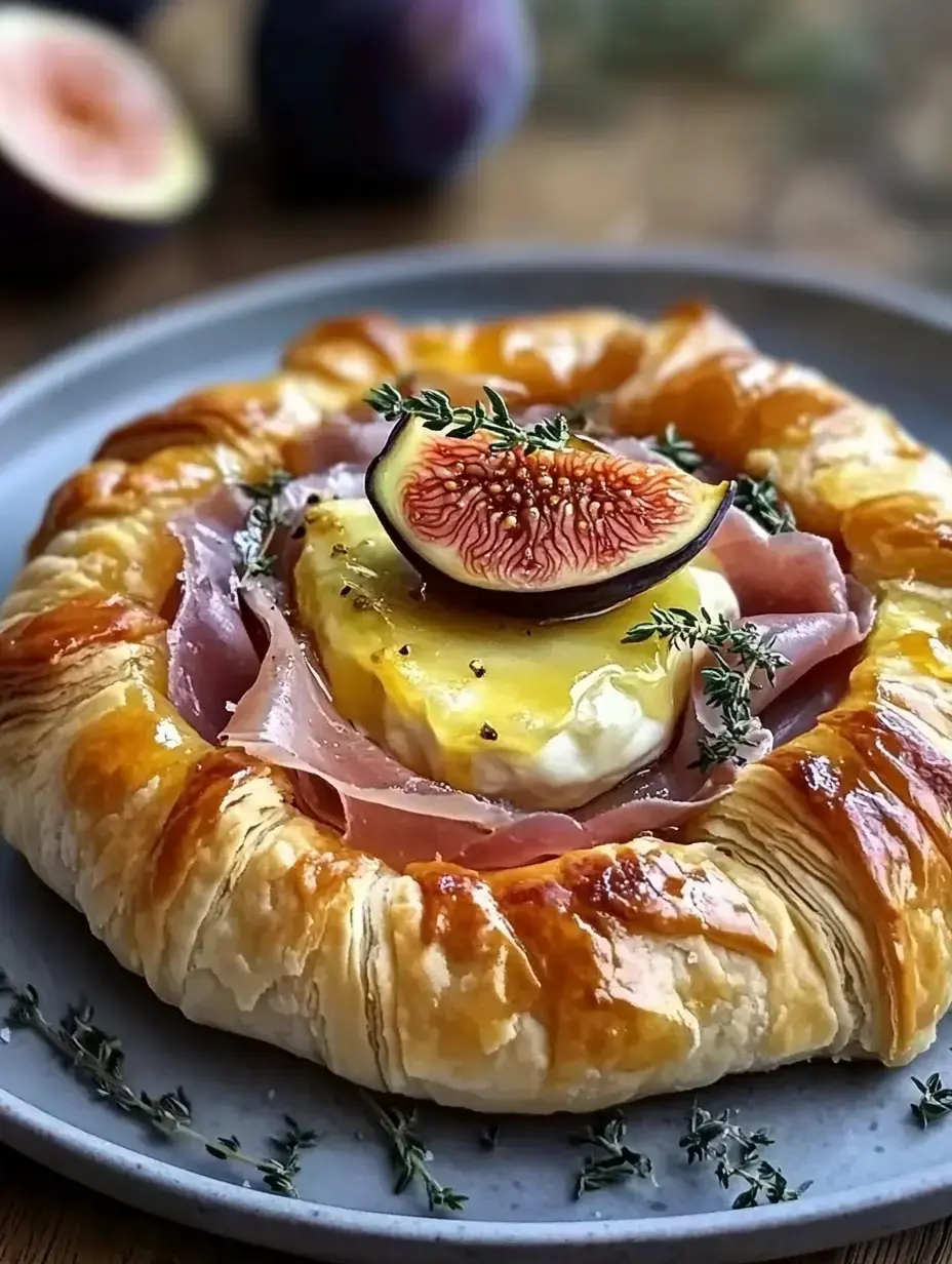 Une tarte à la pâte feuilletée dorée garnie de jambon, fromage, thym frais et surmontée d'une tranche de figue, servie sur une assiette avec une figue coupée en deux en arrière-plan.