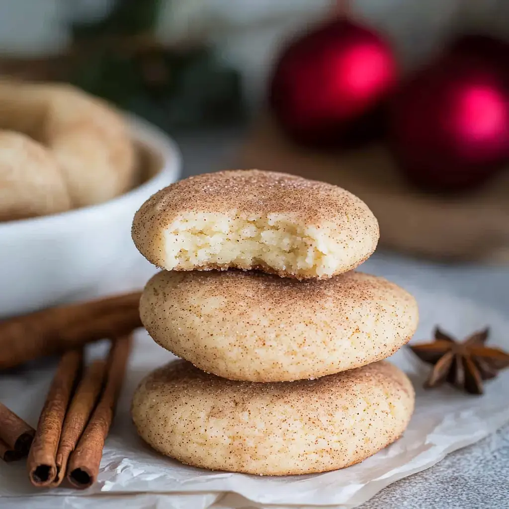 Un tas de biscuits snickerdoodle avec un biscuit partiellement croqué, entouré de bâtons de cannelle et de décorations rouges en arrière-plan.