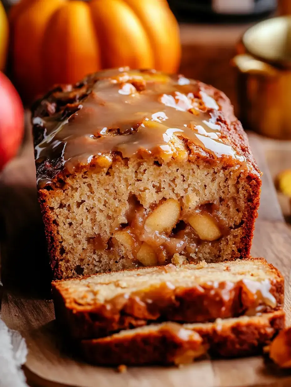 Un cake tranché avec un glaçage, révélant des morceaux de pomme à l'intérieur, posé sur une surface en bois à côté de citrouilles et de pommes.