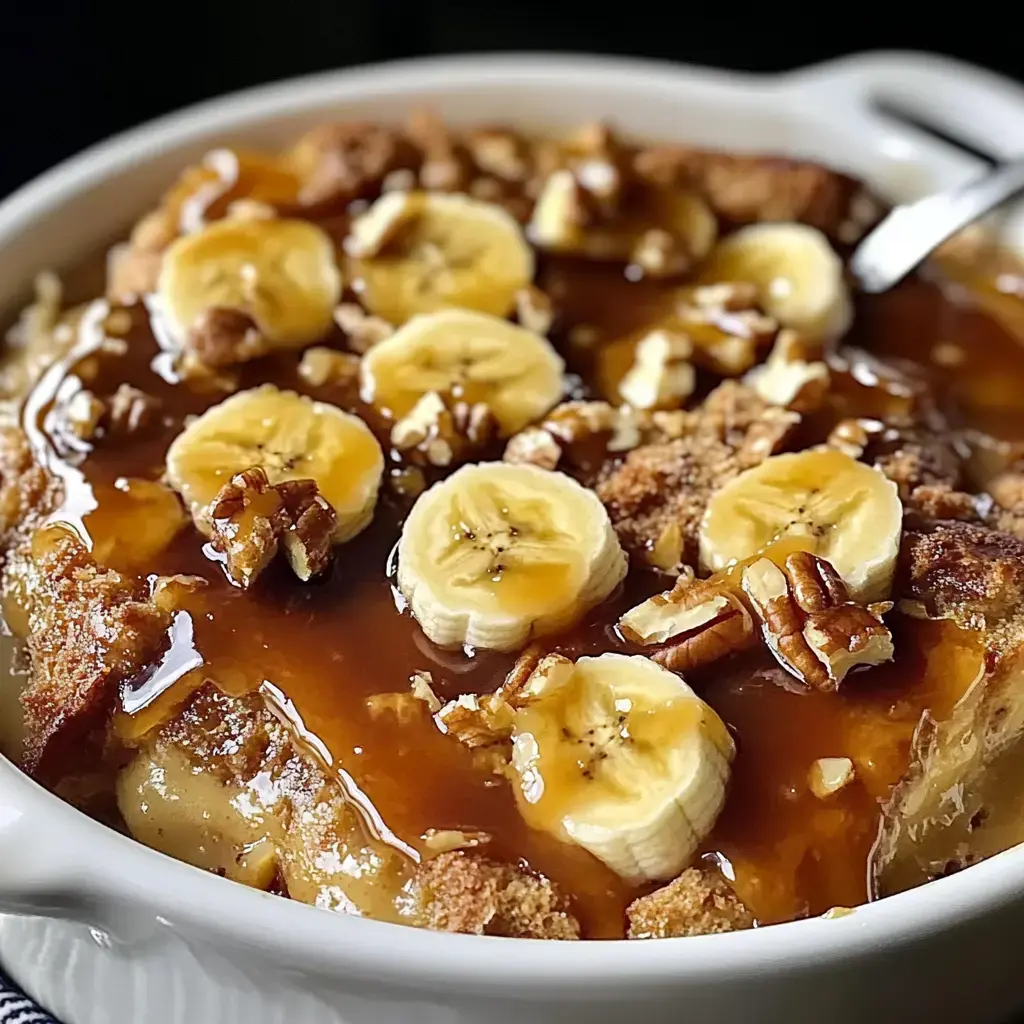 Un gros plan d'un dessert chaud avec des tranches de banane et des noix hachées nappées de sauce caramel sur un pudding de pain.