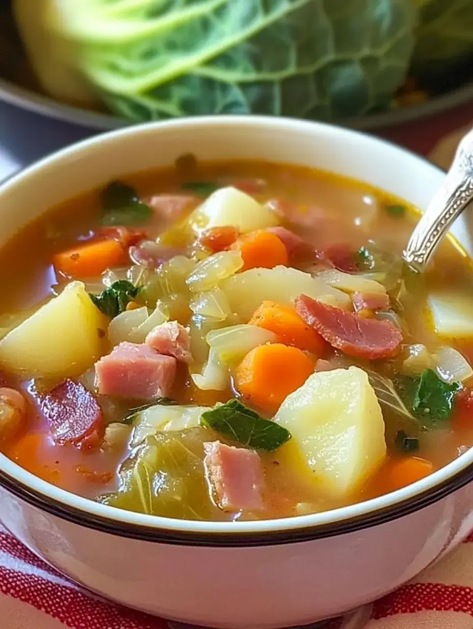 Un bol de soupe copieuse aux légumes et jambon rempli de pommes de terre, carottes et verdure, garni d'herbes fraîches.