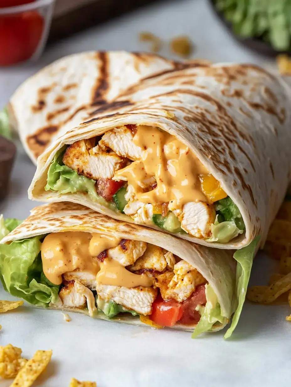 Gros plan sur deux wraps de poulet grillé garnis de laitue, tomate et sauce crémeuse, posés sur une surface blanche.