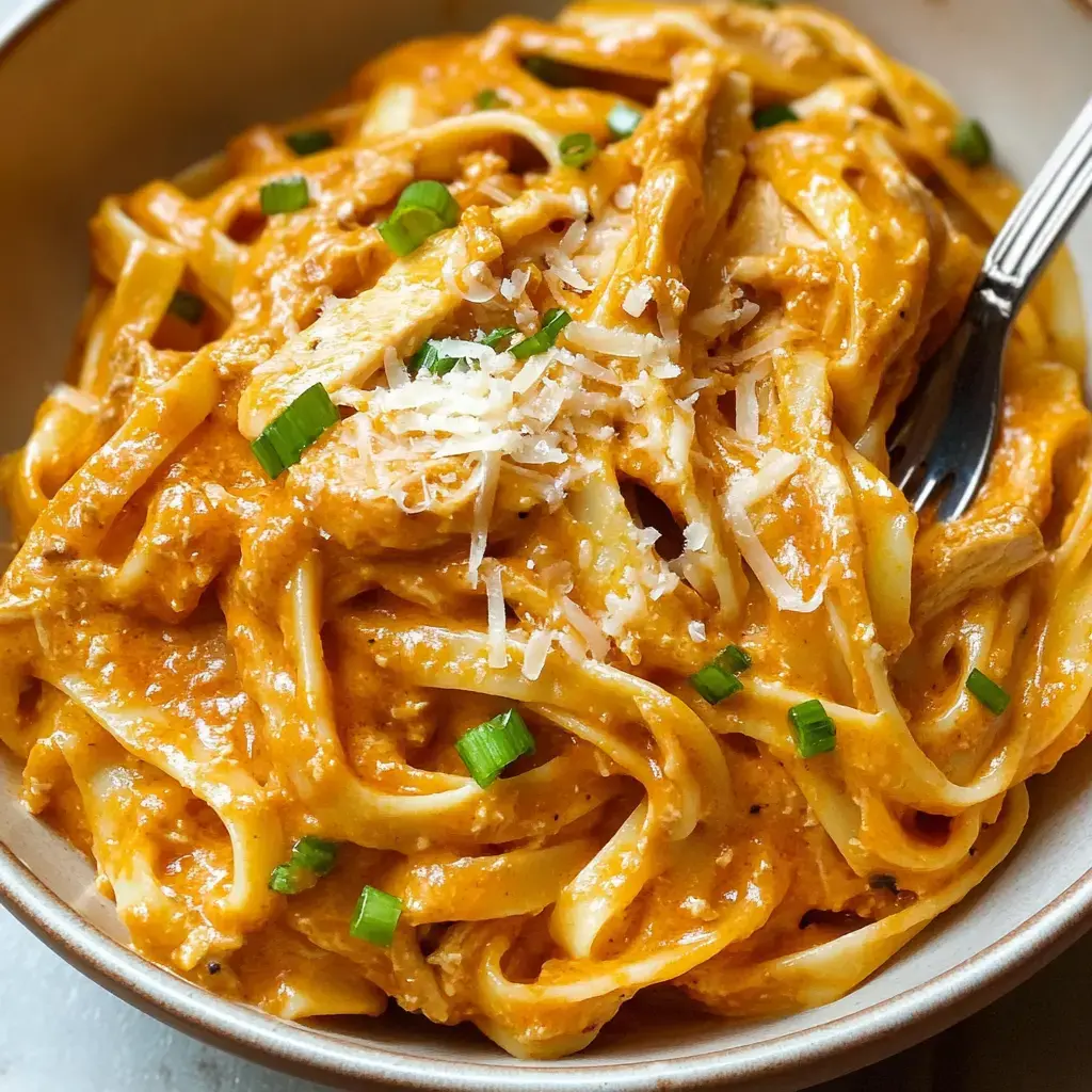 Gros plan sur des fettuccine crémeuses garnies de fromage râpé et d'oignons verts hachés dans un bol.