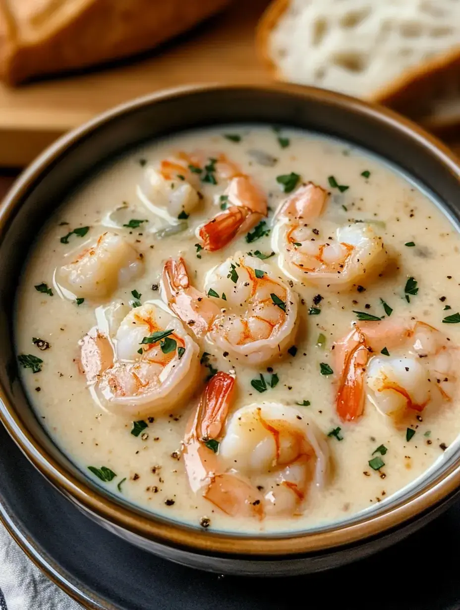 Un bol de soupe crémeuse aux crevettes garnie de persil, servie avec une tranche de pain en arrière-plan.