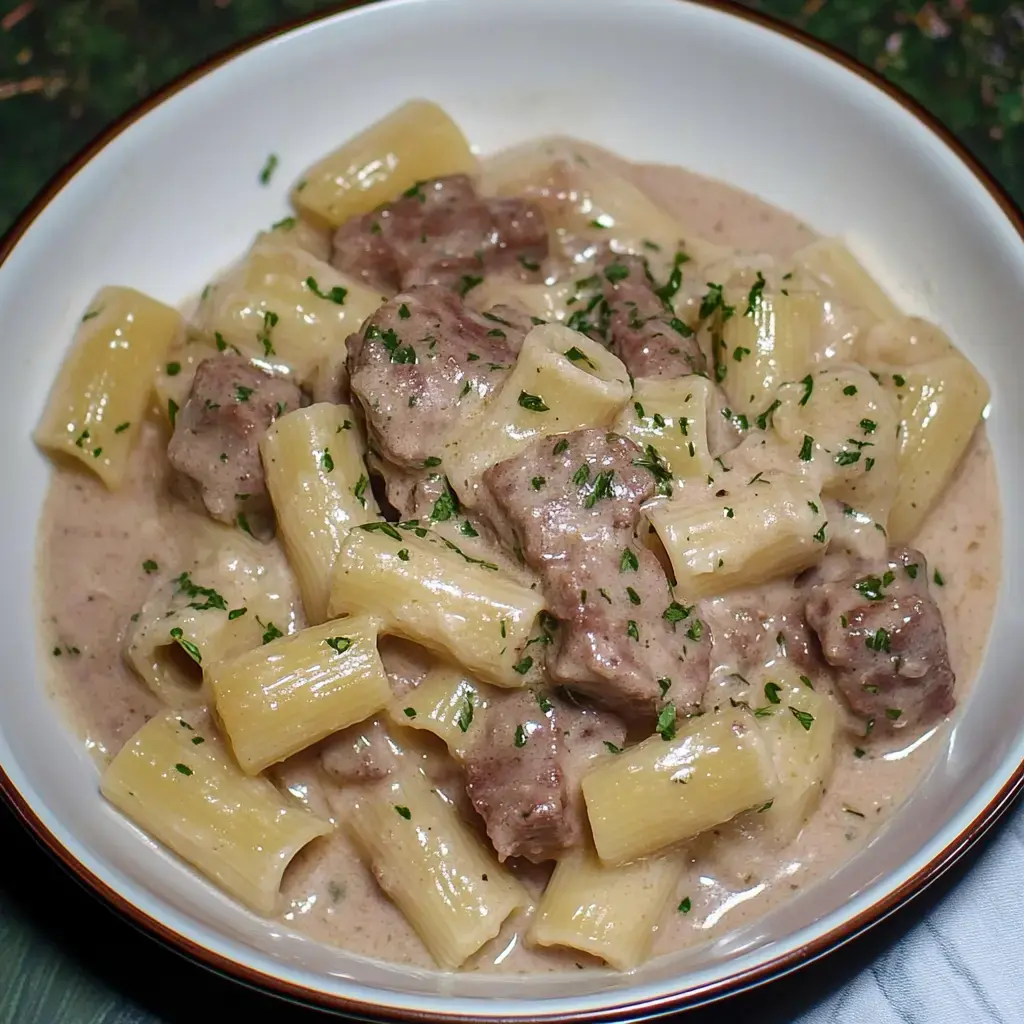 Un bol de pâtes rigatoni mélangées avec des morceaux de viande dans une sauce crémeuse, garni de persil haché.