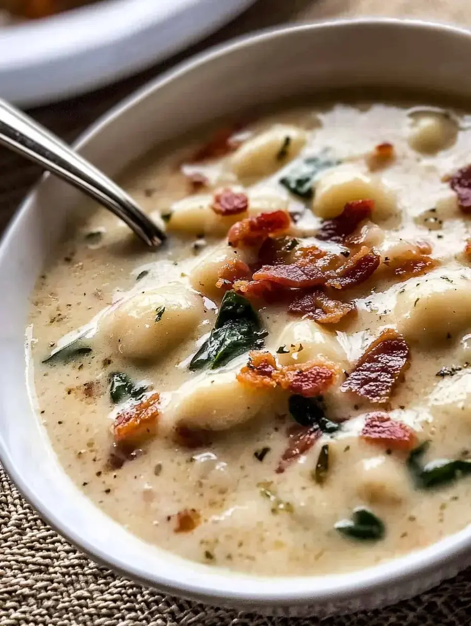 Vue rapprochée d'une soupe crémeuse avec des gnocchis, des épinards et des morceaux de lardons croustillants servie dans un bol blanc.