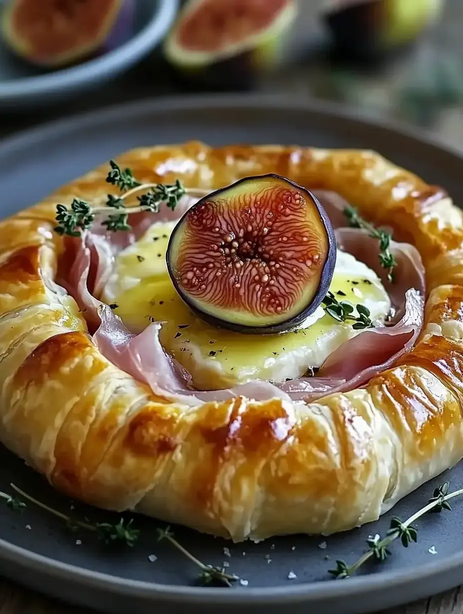 Une tarte feuilletée garnie de fromage et jambon, surmontée d'une figue fraîche et décorée de thym.