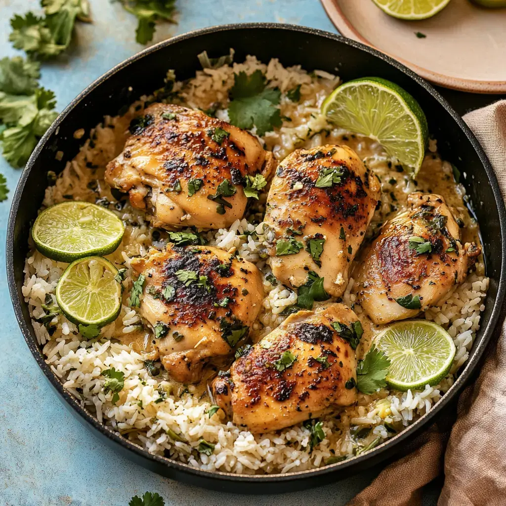 Une poêle remplie de cuisses de poulet assaisonnées sur un lit de riz, garnie de coriandre fraîche et de tranches de citron vert.