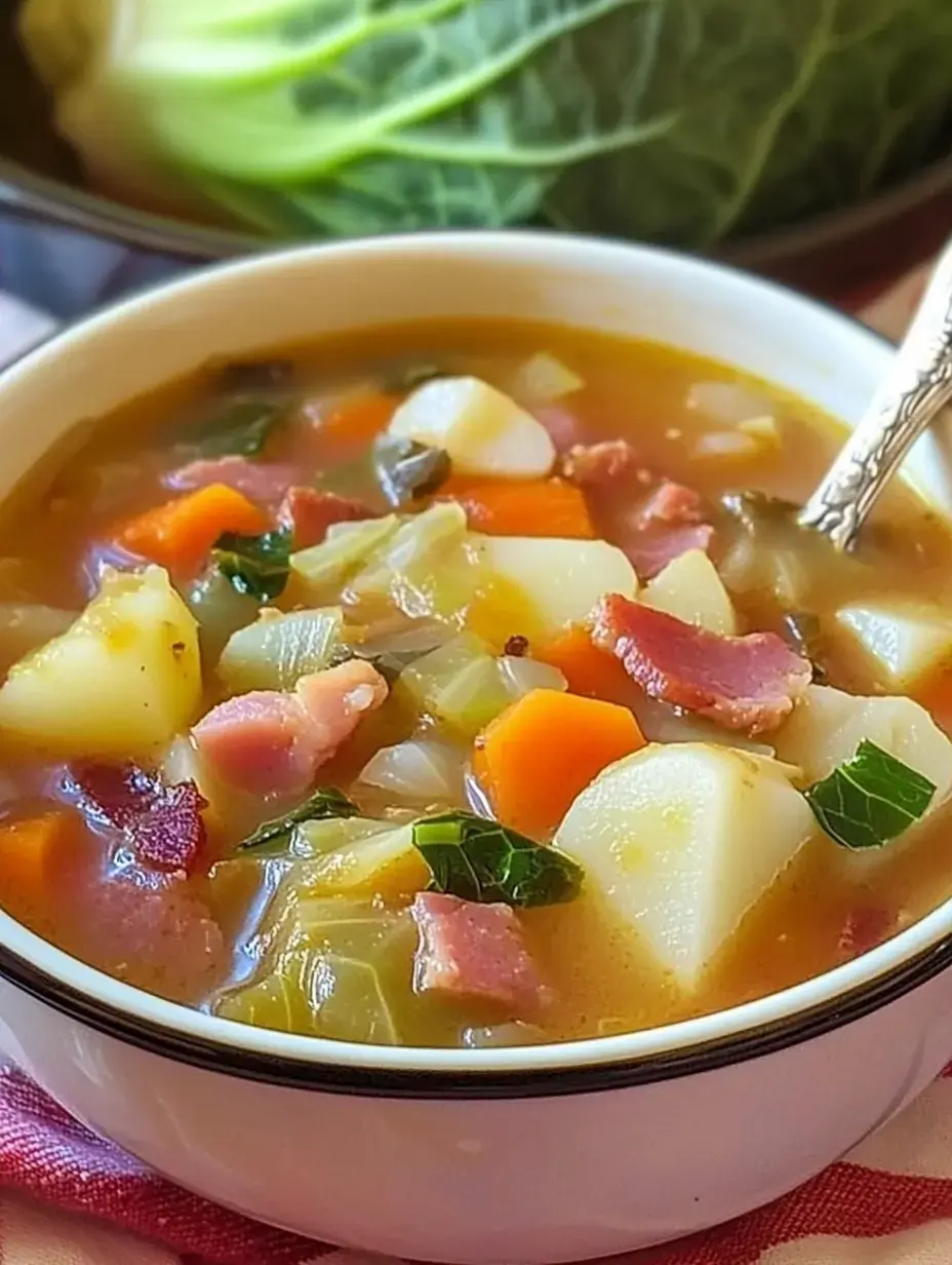Un bol de soupe copieuse aux légumes et jambon rempli de pommes de terre, carottes et légumes verts, avec un chou en arrière-plan.