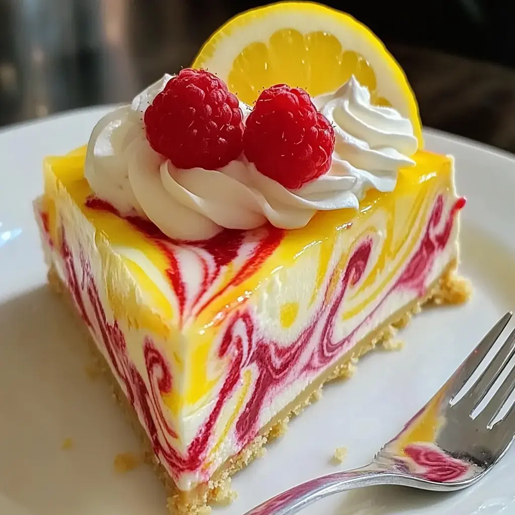 Une part de cheesecake citron framboise avec des tourbillons rouges et jaunes, garnie de crème fouettée, framboises fraîches et une tranche de citron, servie sur une assiette blanche.